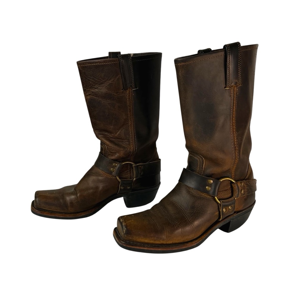 Frye Brown Leather Harness Combat Moto Boots